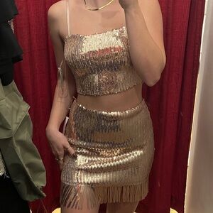 Gold Sequin two-piece set: skirt and tank with fringe